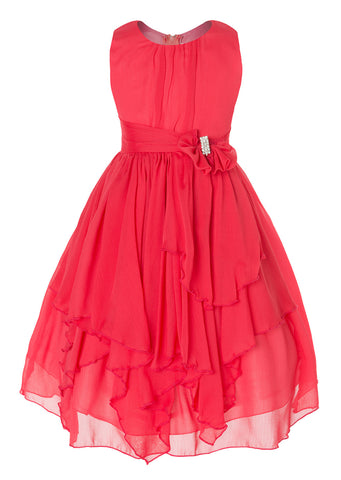 Olivia Koo Yoryu Chiffon Asymmetric Ruffled Flower Girl Dress Coral