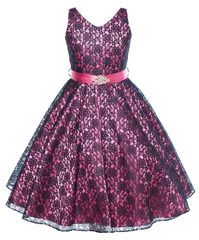 V-Neck Fuchsia Floral Lace Flower Girl Dress with Sparkle Sash