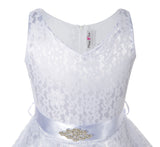 V-Neck White Floral Lace Flower Girl Dress with Sparkle Sash