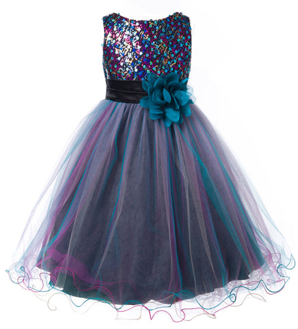 Sparkling Multi Sequins Bodice Double Tulle Skirt Flower Girl Dresses Teal Blue