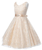 V-Neck Champagne Floral Lace Flower Girl Dress with Sparkle Sash