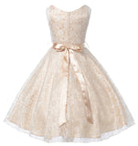 V-Neck Champagne Floral Lace Flower Girl Dress with Sparkle Sash