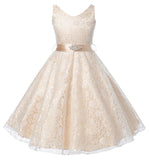 V-Neck Champagne Floral Lace Flower Girl Dress with Sparkle Sash