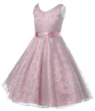 V-Neck Dusty Rose Floral Lace Flower Girl Dress with Sparkle Sash
