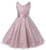 V-Neck Dusty Rose Floral Lace Flower Girl Dress with Sparkle Sash