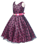 V-Neck Fuchsia Floral Lace Flower Girl Dress with Sparkle Sash