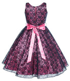 V-Neck Fuchsia Floral Lace Flower Girl Dress with Sparkle Sash