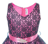 V-Neck Fuchsia Floral Lace Flower Girl Dress with Sparkle Sash