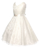 V-Neck Ivory Floral Lace Flower Girl Dress with Sparkle Sash