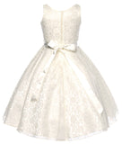 V-Neck Ivory Floral Lace Flower Girl Dress with Sparkle Sash