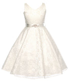 V-Neck Ivory Floral Lace Flower Girl Dress with Sparkle Sash