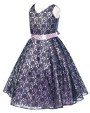 V-Neck Lilac Floral Lace Flower Girl Dress with Sparkle Sash