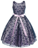 V-Neck Lilac Floral Lace Flower Girl Dress with Sparkle Sash