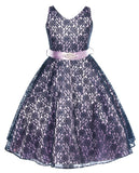 V-Neck Lilac Floral Lace Flower Girl Dress with Sparkle Sash