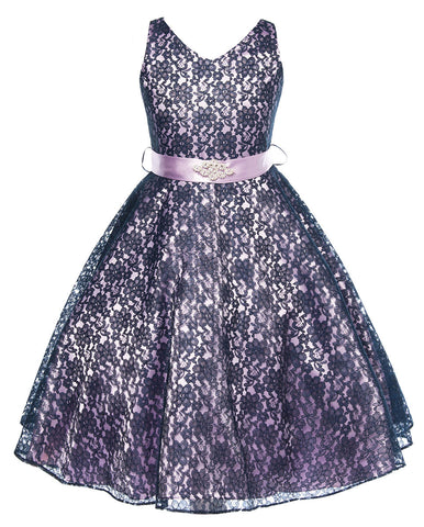 V-Neck Lilac Floral Lace Flower Girl Dress with Sparkle Sash