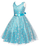 V-Neck Turquoise Floral Lace Flower Girl Dress with Sparkle Sash