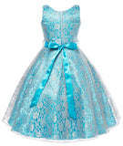 V-Neck Turquoise Floral Lace Flower Girl Dress with Sparkle Sash