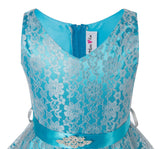 V-Neck Turquoise Floral Lace Flower Girl Dress with Sparkle Sash