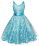 V-Neck Turquoise Floral Lace Flower Girl Dress with Sparkle Sash