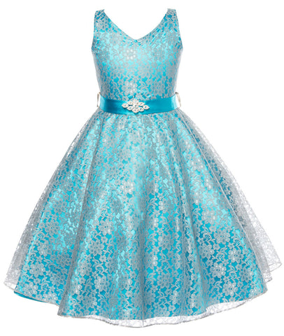 V-Neck Turquoise Floral Lace Flower Girl Dress with Sparkle Sash