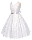 V-Neck White Floral Lace Flower Girl Dress with Sparkle Sash