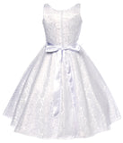 V-Neck White Floral Lace Flower Girl Dress with Sparkle Sash