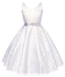 V-Neck White Floral Lace Flower Girl Dress with Sparkle Sash