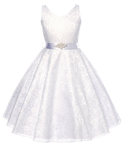 V-Neck White Floral Lace Flower Girl Dress with Sparkle Sash