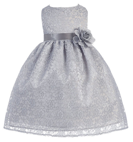 Jackie Floral Lace Infant Baby Flower Girl Dresses Silver