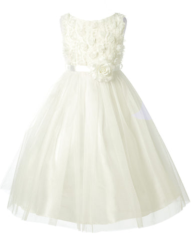 Rosebud Bodice Tulle Skirt Flower Girl Dress Ivory