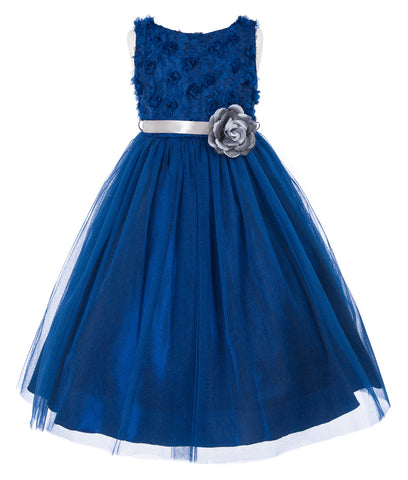 Rosebud Bodice Tulle Skirt Flower Girl Dress Navy