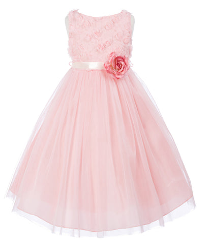 Rosebud Bodice Tulle Skirt Flower Girl Dress Pink