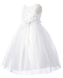 Rosebud Bodice Tulle Skirt Flower Girl Dress White