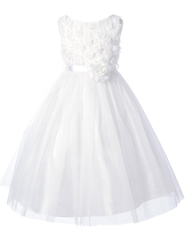 Rosebud Bodice Tulle Skirt Flower Girl Dress White